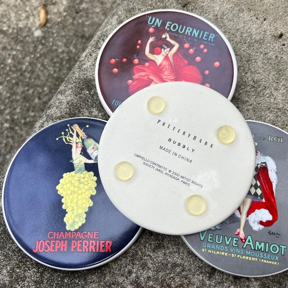 Four colorful Pottery barn ceramic coasters, French champagne theme, - Picture 2 of 6